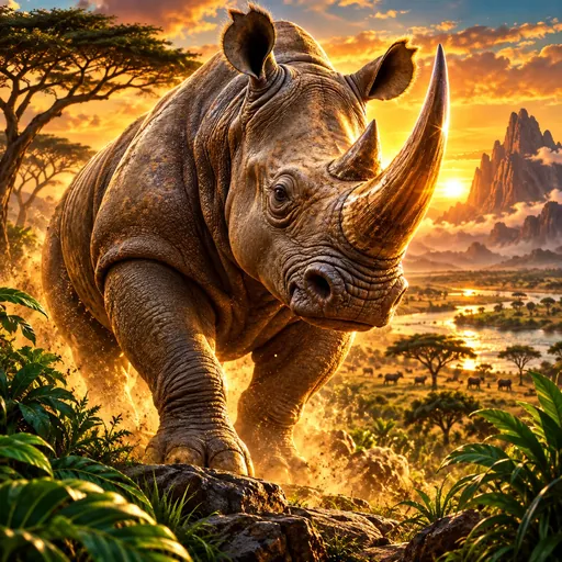 Great Rhino pokie cover art with a golden rhino icon set against a sunlit savanna reel design