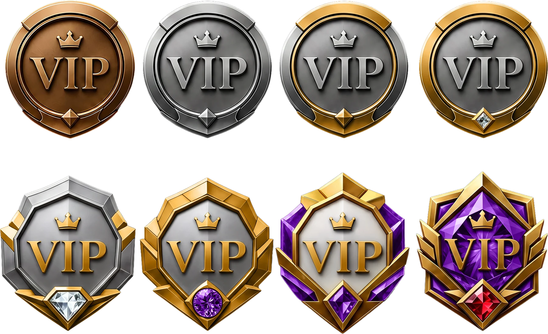 Set of eight VIP tier badges, from bronze through to the top gold tier