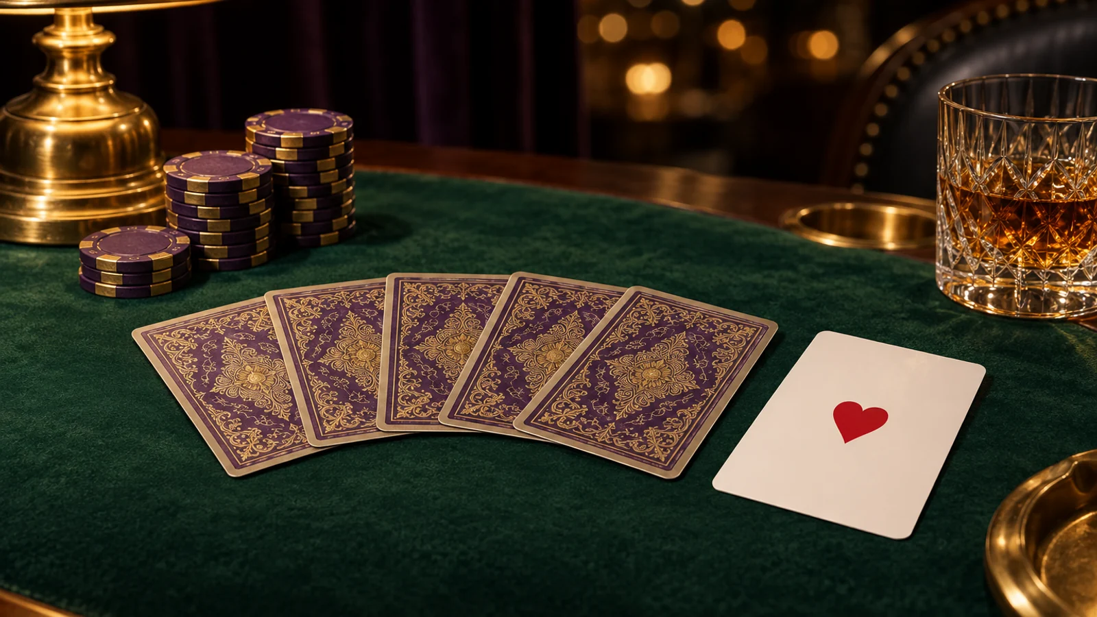 Green felt card table laid out for going through the Here2Win Casino review checklist