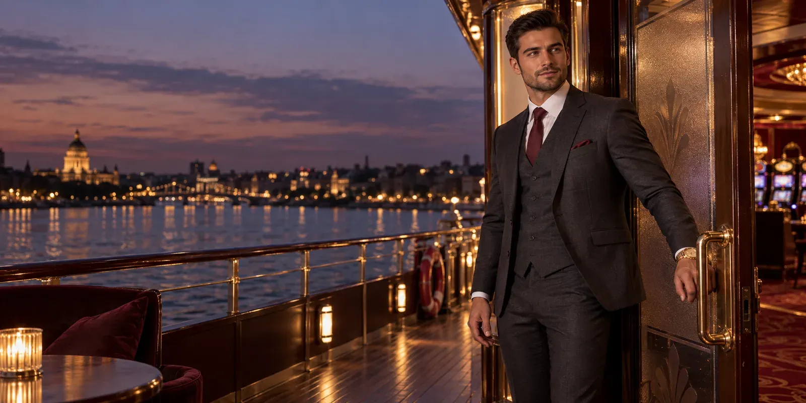 Man beside a frosted glass door on a riverboat casino deck at dusk