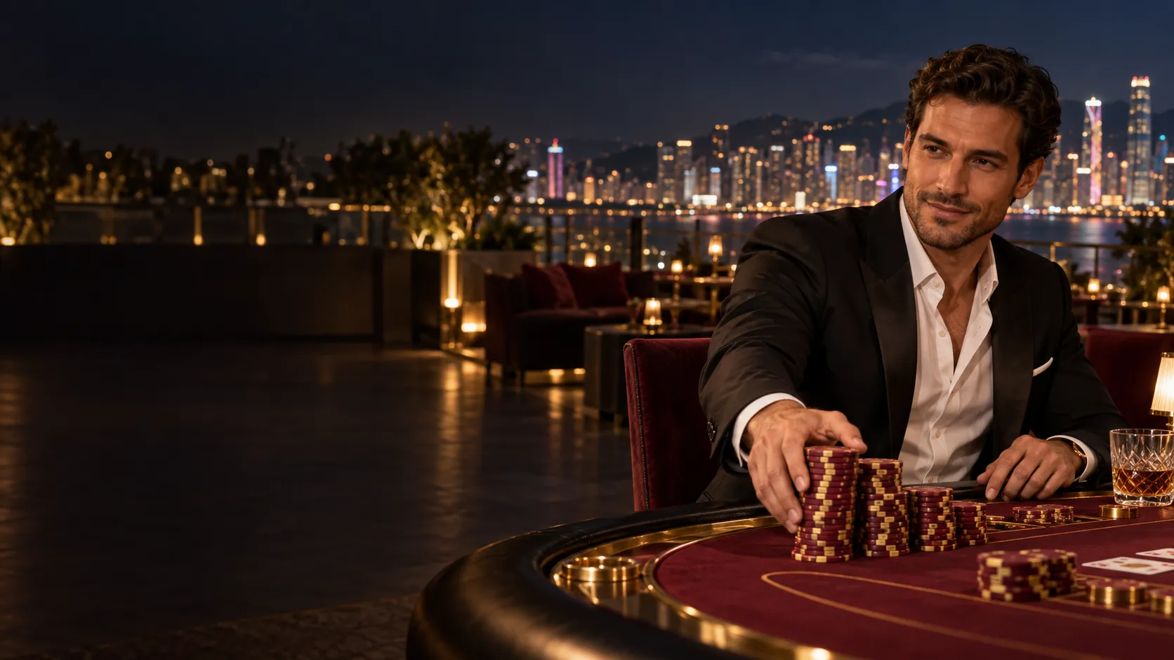Confident man in a tuxedo pushing a stack of casino chips on a rooftop terrace at night