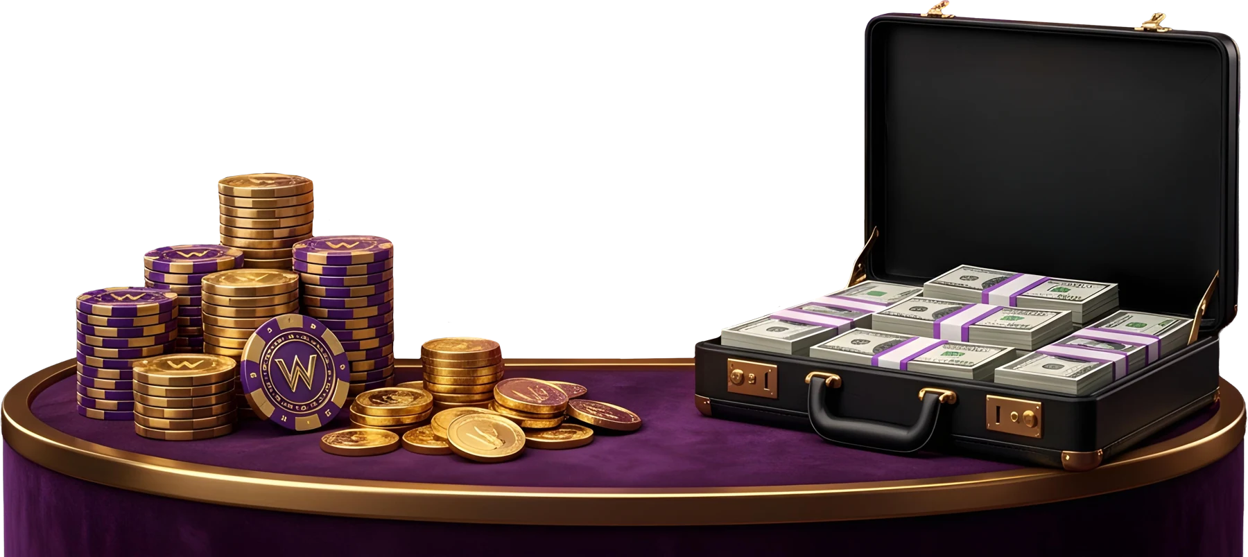 Stacked casino chip towers and loose coins beside an open case of cash bundles
