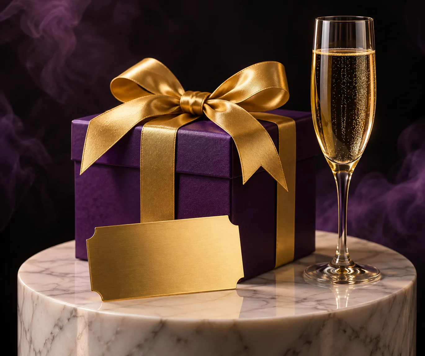 Gift box and glowing golden ticket displayed on a casino pedestal