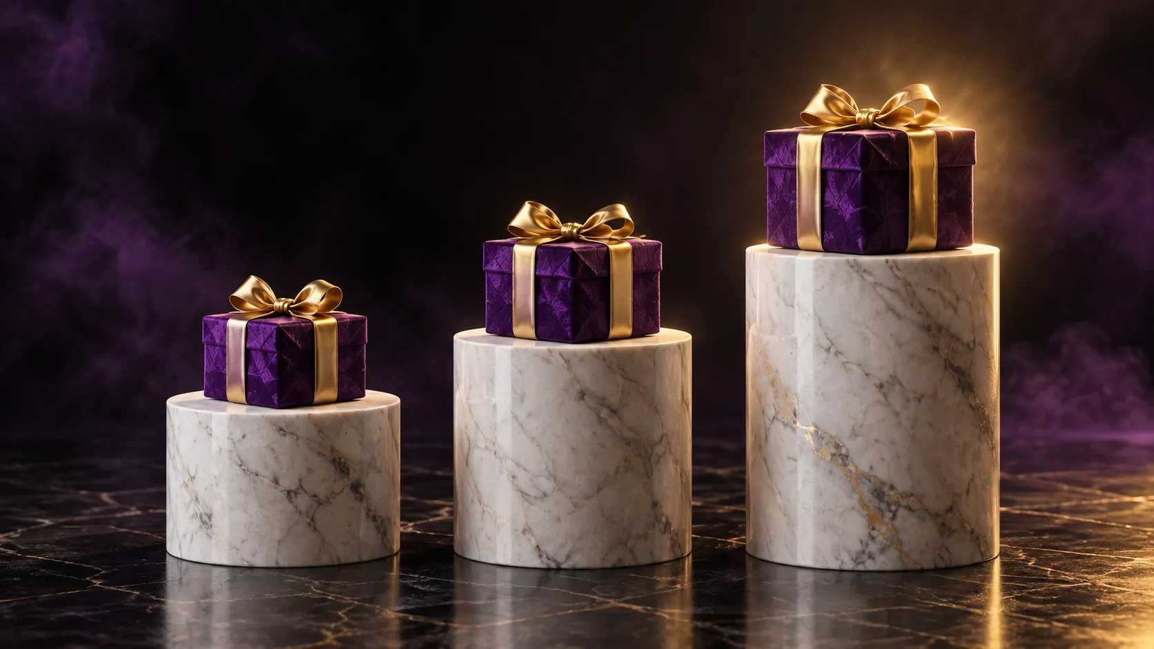 Three gilded plinths representing each welcome bonus deposit step