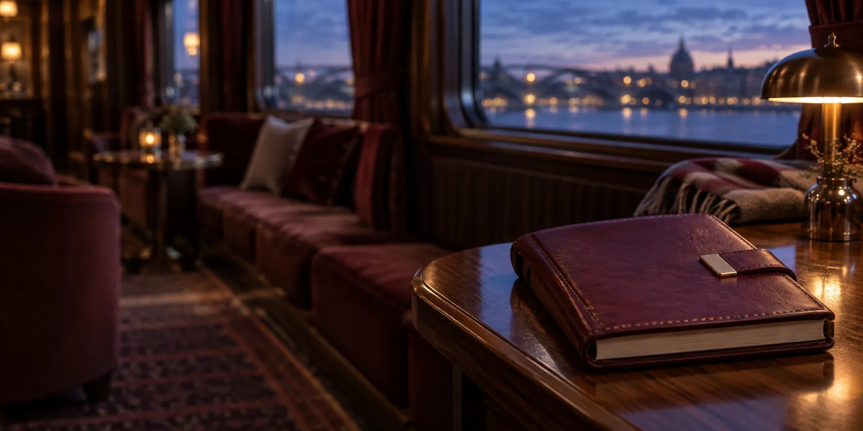 Closed leather diary resting on a table in a quiet train lounge car