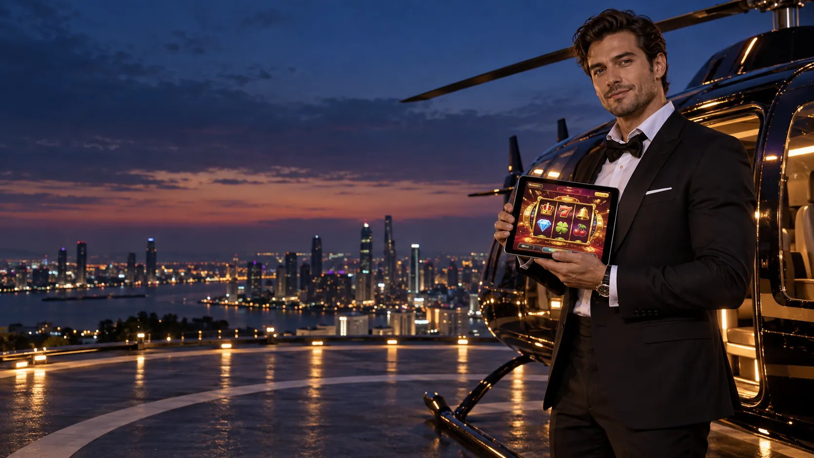 Man in a tuxedo holding a tablet with a glowing slot interface on a helipad at dusk
