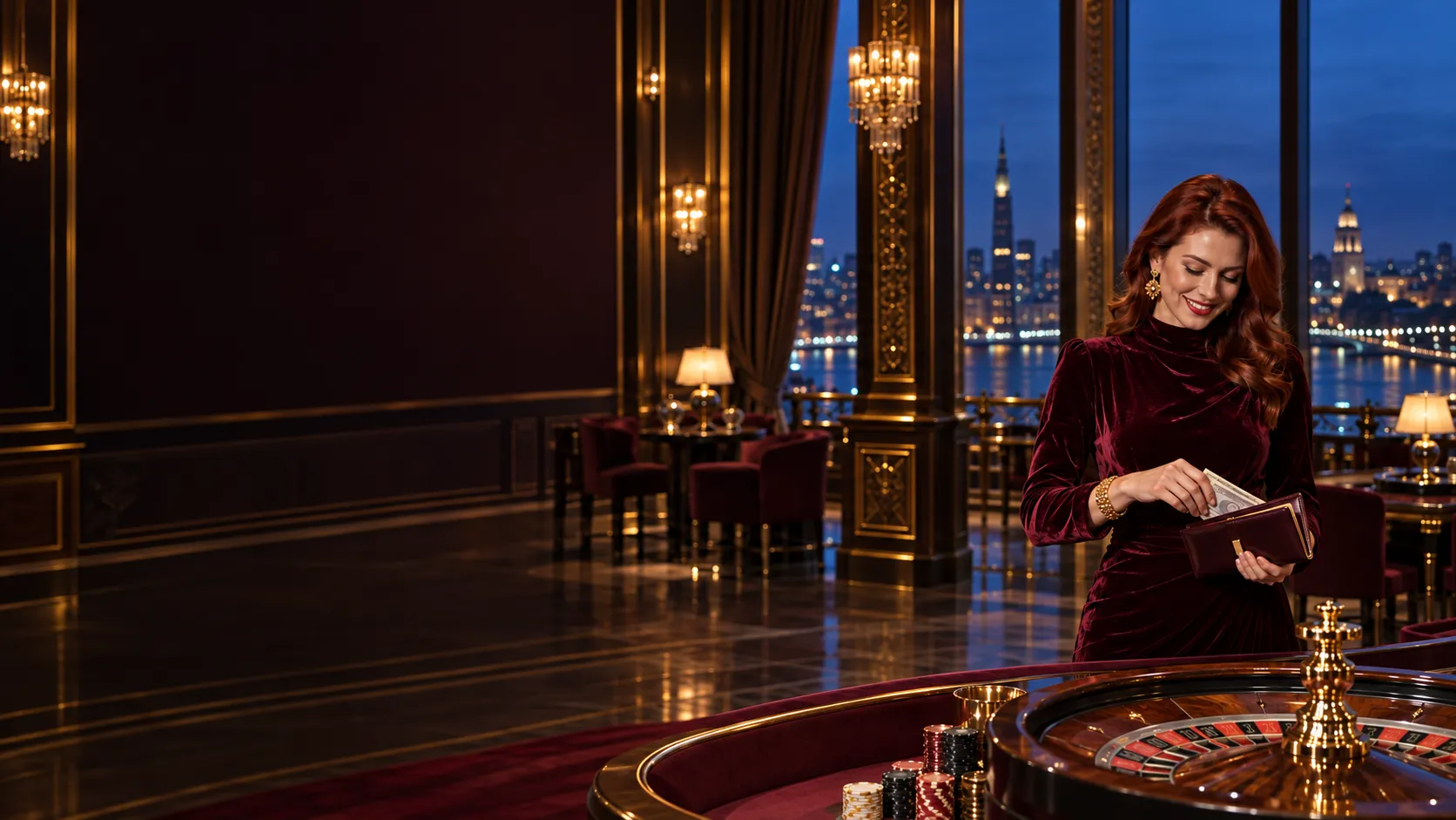 Woman tucking banknotes into a leather wallet beside a roulette table