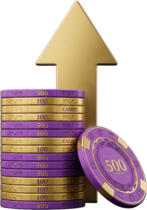 Stack of purple and gold poker chips marked 100 and 500